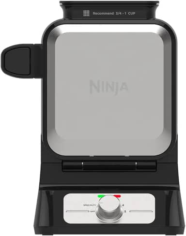 Ninja BW1001 NeverStick PRO fabricante de waffle belga, design vertical, 5 configurações de sombra, com copo de precisão e guia de receitas curado pelo chef, preto e prata