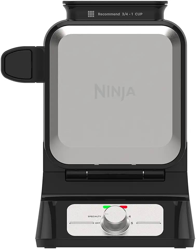 Ninja BW1001 NeverStick PRO fabricante de waffle belga, design vertical, 5 configurações de sombra, com copo de precisão e guia de receitas curado pelo chef, preto e prata