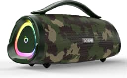 Basike Caixa de Som Bluetooth Portátil 100W RMS (160W Pico), TWS Estéreo, Modos EQ, Microfone Integrado, Luzes RGB, IPX6, 12h de Bateria para Home Theater, Festa e Exterior – Cor Camuflada