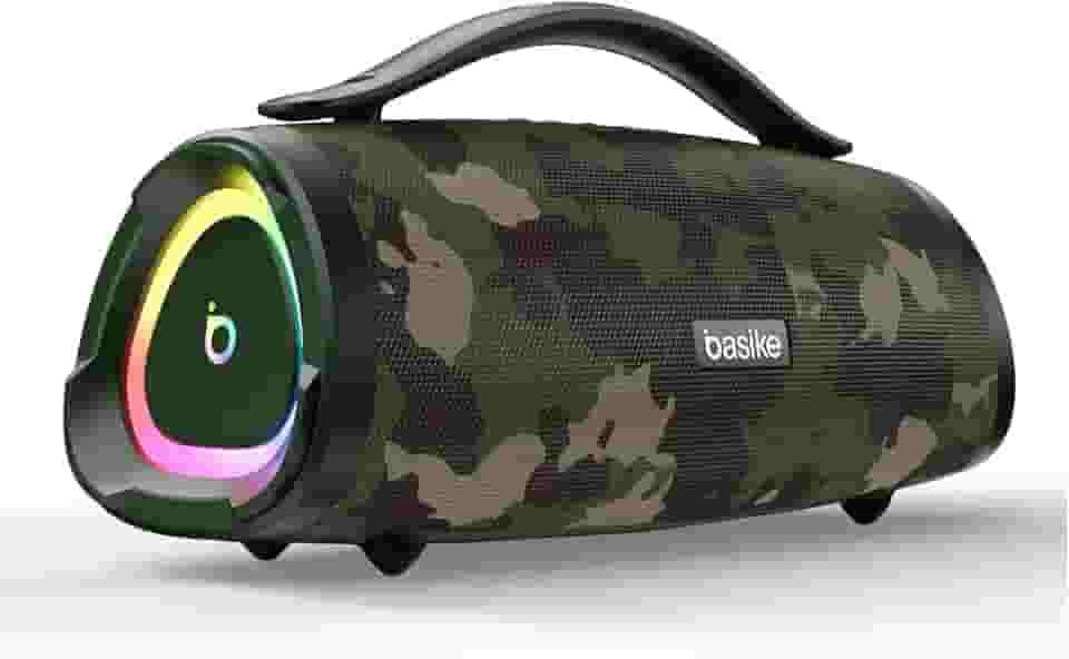 Basike Caixa de Som Bluetooth Portátil 100W RMS (160W Pico), TWS Estéreo, Modos EQ, Microfone Integrado, Luzes RGB, IPX6, 12h de Bateria para Home Theater, Festa e Exterior – Cor Camuflada