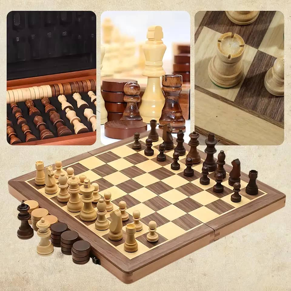 Tabuleiro Jogo Xadrez e Damas 2 em 1 Clássico Profissional Grande Luxo Tabuleiro Peças 100% Madeira Reflorestada Acabamento em Verniz