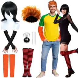 8 peças de fantasia de casal de hotel de Halloween, adultos, acessórios de fantasia de vampiro, perucas sem dedos, luvas sem dedos, meias vermelhas e pretas, dentaduras de vampiro, pinças