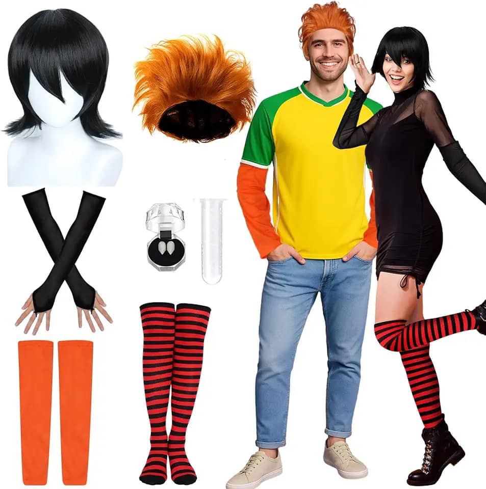 8 peças de fantasia de casal de hotel de Halloween, adultos, acessórios de fantasia de vampiro, perucas sem dedos, luvas sem dedos, meias vermelhas e pretas, dentaduras de vampiro, pinças