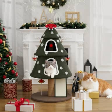 Grande torre de árvore de Natal interna, casa de condomínio para gatos moderna e resistente com poste arranhador e brinquedos para decorações de Natal