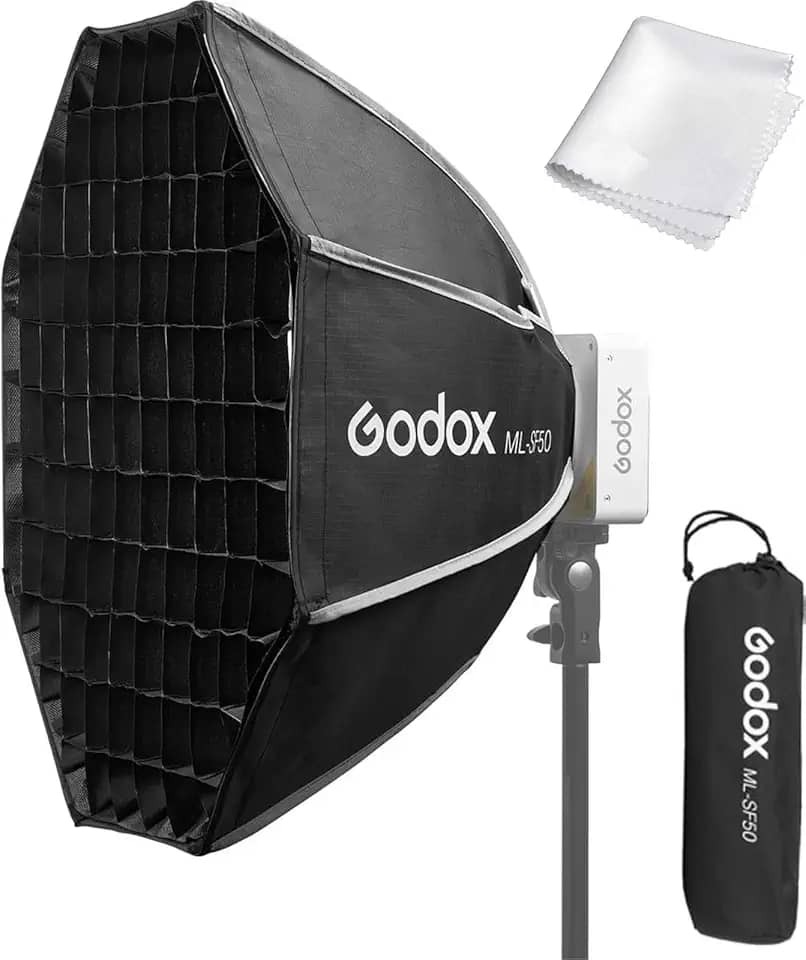GODOX Softbox Octogonal Ml100Bi Ml-Sf50, 50 Cm X Cm/19,6 Pol. 19,6 Pol., Com Suporte Para Ml100R Ml100Bi, Ml60Iibi, Ml60Bi, Ml60, Ml30Bi, Ml30, Luz De Vídeo Led