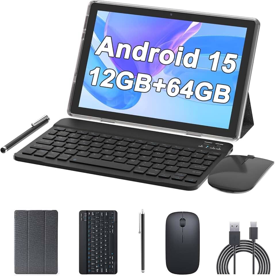 Tablet de 10 polegadas Android 15 (não vai), tablets 2 em 1 com teclado 12 GB de RAM + 64 GB de ROM (suporta expansão de 1 TB) Tableta 2 MP + câmera de 8 MP 6000 mAh, mouse/capa/Stylus 5G Wifi-6