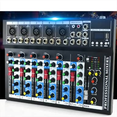 Mixer de Áudio Profissional 7 Canais VEDO, Bluetooth 5.0, USB Phantom Power 48V Placa Som Digital com 6 Modos Efeito, Ideal para Shows ao Vivo Casamentos Podcasts Transmissões e Gravação em Estúdio