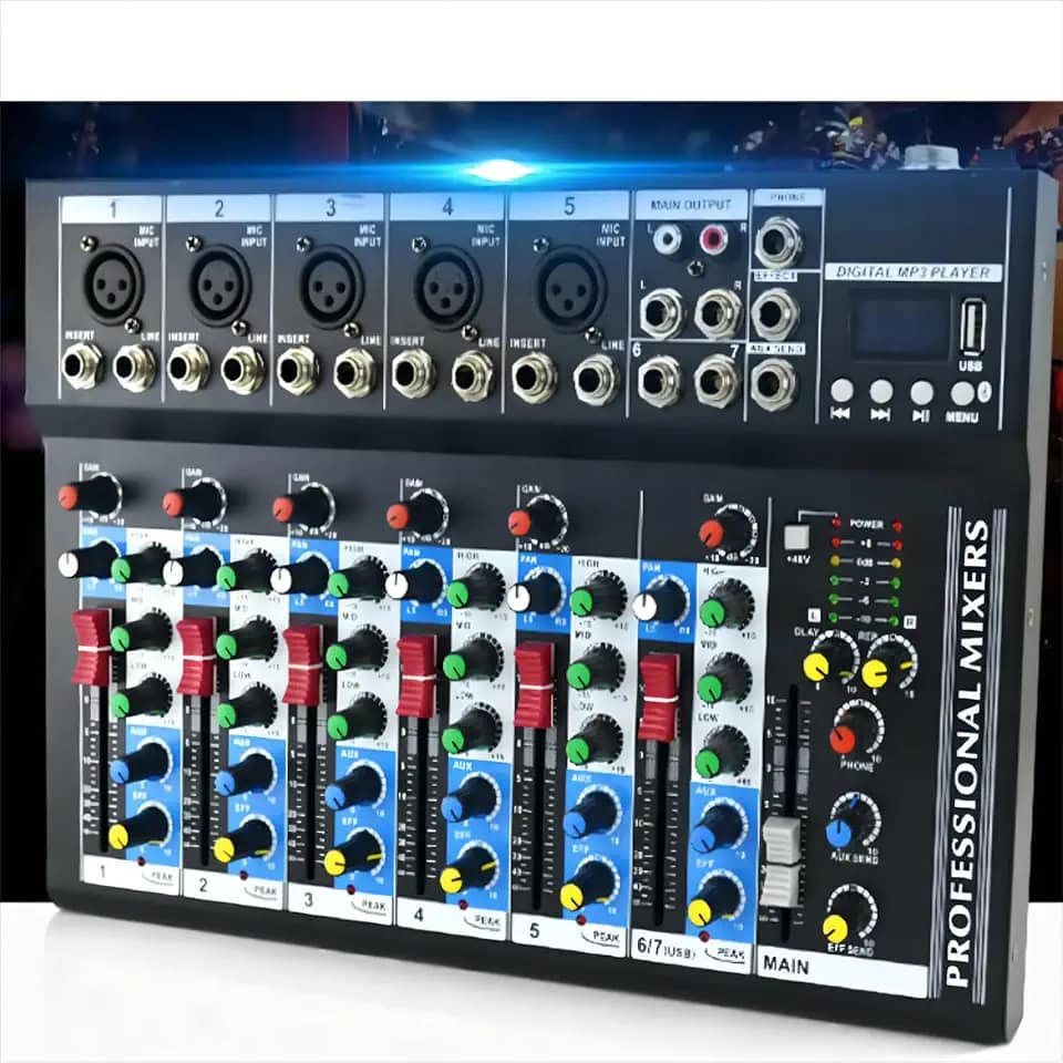 Mixer de Áudio Profissional 7 Canais VEDO, Bluetooth 5.0, USB Phantom Power 48V Placa Som Digital com 6 Modos Efeito, Ideal para Shows ao Vivo Casamentos Podcasts Transmissões e Gravação em Estúdio