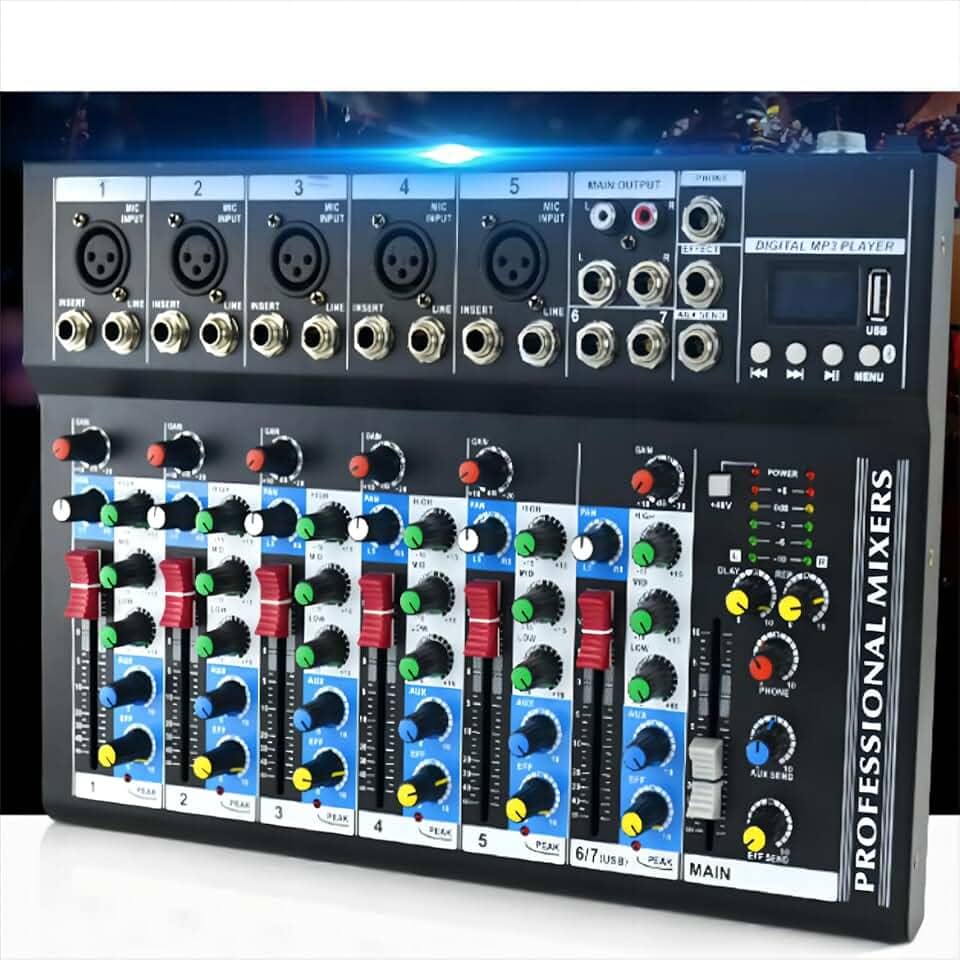 VEDO Mixer de Áudio Profissional 7 Canais VDA107L com Bluetooth, Entrada USB, Efeitos Digitais, Phantom Power +48V para Podcast, DJ, Gravação e Transmissão Ao Vivo - Mesa de Som Compacta 127/220V