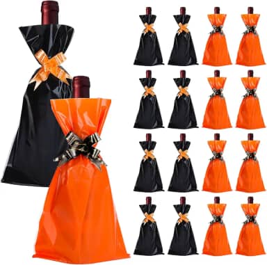 Whaline 50 peças de sacos de celofane para garrafa de vinho de Halloween, saco de presente de vinho com laços de puxar preto e laranja para decoração de mesa de festa, presente de casa