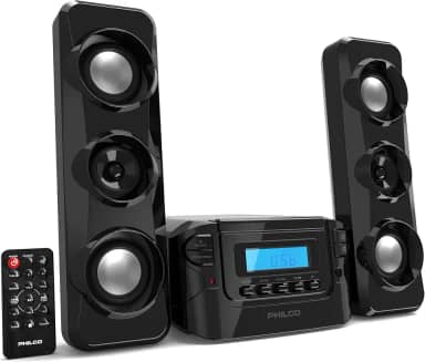 Philco - Sistema de prateleira estéreo compacto com rádio FM digital, Bluetooth e controle remoto preto | Display LCD | Compatível com MP3 e AUX | Reprodução USB
