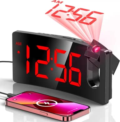 Despertador de projeção, relógio digital com projetor rotativo de 180°, regulador de intensidade de brilho de 3 níveis, visor LED transparente, carregador USB, volume progressivo, soneca de 9 minutos,