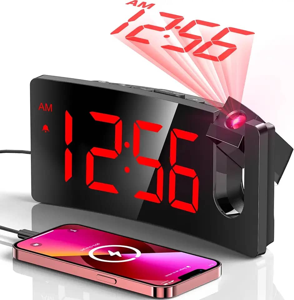 Despertador de projeção, relógio digital com projetor rotativo de 180°, regulador de intensidade de brilho de 3 níveis, visor LED transparente, carregador USB, volume progressivo, soneca de 9 minutos,