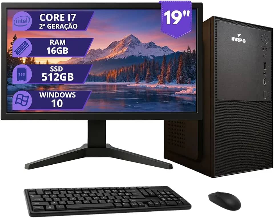 MRPC Computador Completo com Intel Core i7 2ª Geração, 16GB RAM DDR3, SSD 512GB, Monitor 19 Polegadas HD, Windows 10, Teclado e Mouse, Para Home Office e Estudo