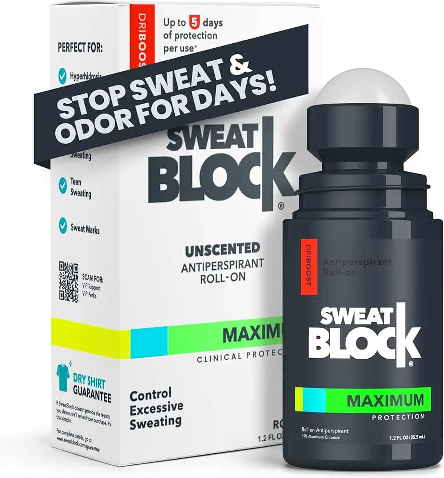 SweatBlock Max Clinical Antiperspirant Roll-On - para Sudorese Excessiva e Hiperidrose - Proteção/Uso Até 7 Dias - Unissex, Sem Perfume - 1,2 Fl Oz