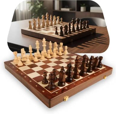 Jogo de Xadrez Clássico Profissional 100% Madeira Reflorestada, Tabuleiro Dobrável Portátil, Luxo com Acabamento em Verniz