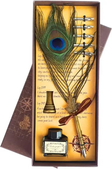 Kit Caneta Tinteiro Pena Pavão