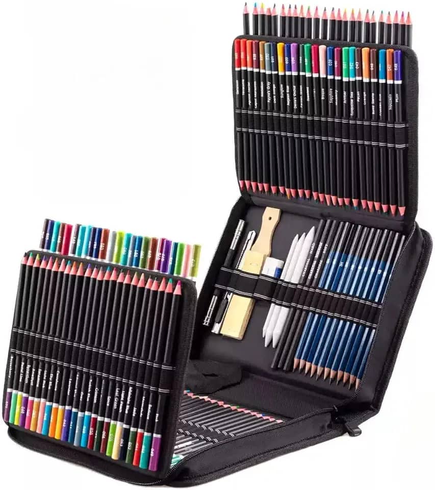 Conjunto de Lápis de Cor 145 Peças com Estojo – Kit Completo de Lápis Coloridos Suaves e Não Tóxicos para Desenho, Escola, Pintura e Artistas
