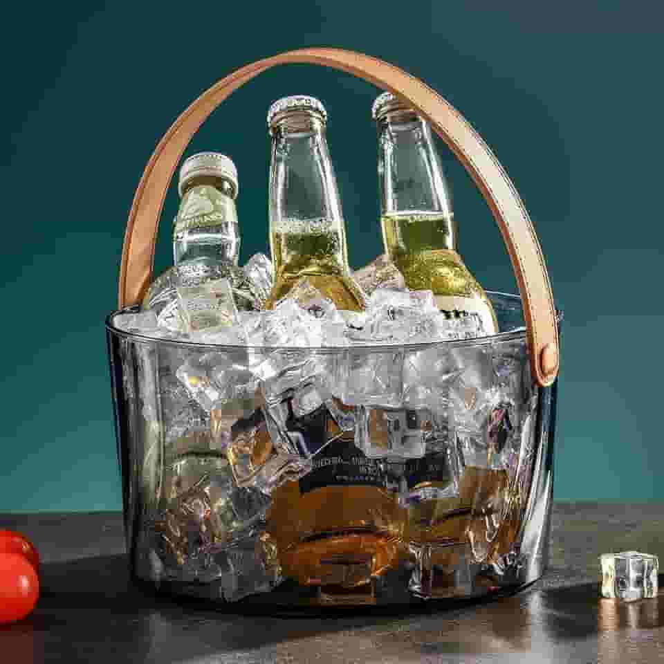 Balde de Cerveja Moderno em Acrílico com Alça de Couro, 4 Litros, Cinza