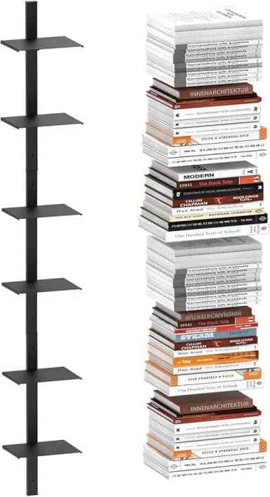 MQKIWAO Estante flutuante invisível para montagem na parede, torre de livros de coluna preta, pacote com 3 organizadores verticais de 6 níveis, estante de metal resistente para casa, escritório