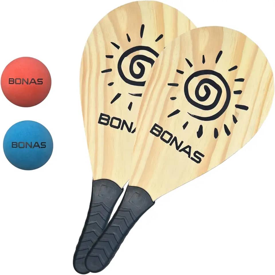 Kit Raquete Frescobol Tenis de Praia BONAS Jogo Com Bola de Borracha Semi Profissional Pinus Resistente