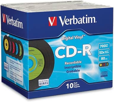 Verbatim Discos em branco CD-R 700 MB 80min 52X disco gravável para dados e música com superfície de vinil digital - 10 unidades de capa fina azul/verde/laranja/rosa/roxo