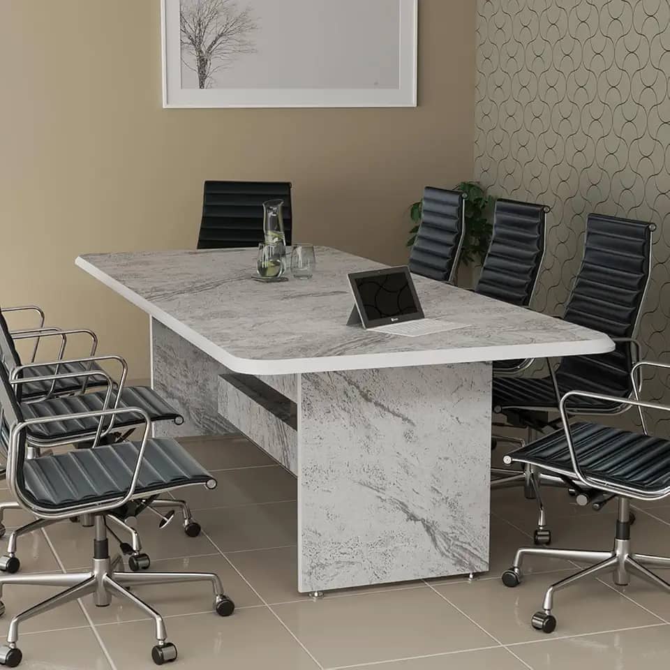 Mesa de Jantar Retangular 8 Lugares em MDF Estilo Marmorizado Luxo (Branco/Marmore)