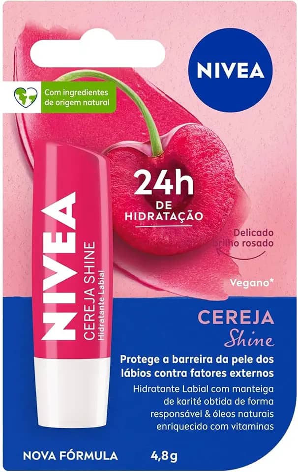 NIVEA Hidratante Labial Cereja Shine 4,8g - Cuidado e proteção para seus lábios por 24h, além de delicioso aroma de cereja e delicado brilho rosa