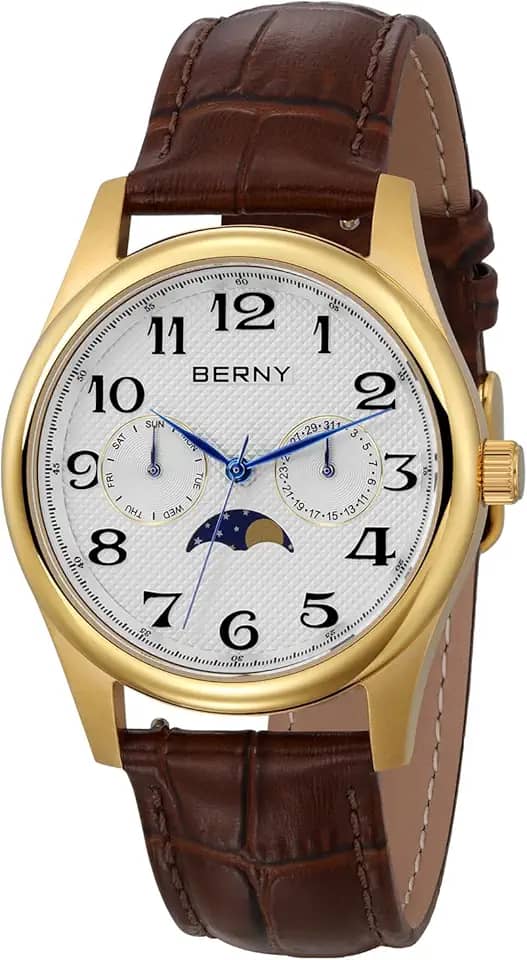 Relógio masculino dourado com fases da lua, relógio de pulso multifunções de quartzo, fácil leitura, numerais arábicos, mostrador analógico, caixa de aço inoxidável, subdail com calendário de