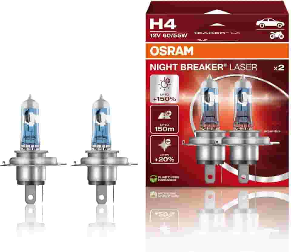 OSRAM NIGHT BREAKER LASER H4, +Lâmpada de farol de halogêneo 150% mais brilhante, 64193NL-HCB, 12V, caixa dobrável suspensa (2 lâmpadas) (branca/amarela)
