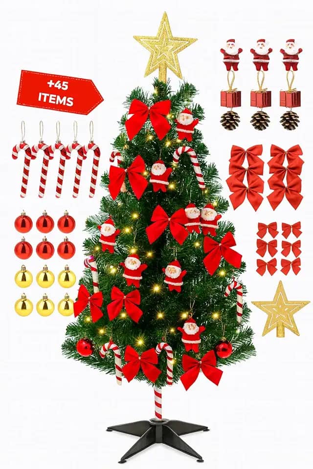 Árvore de Natal Pequena Decorada 60cm com 45 Enfeites + Pisca Pisca LED | Kit Completo Natalino com Bolas, Laços, Estrela | Árvore de Natal Mesa Compacta