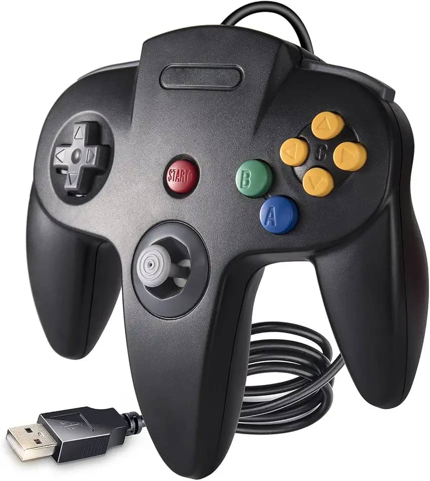 kiwitatá Controlador USB clássico N64, retrô N64 Bit USB com fio, controle de jogos para PC, Windows PC, Mac e Raspberry Pi 3, preto