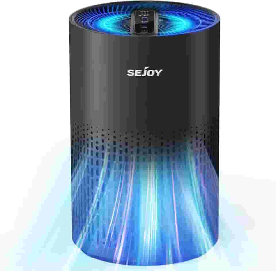 Sejoy Purificadores de ar para quarto, purificador de ar HEPA para poeira, pólen, fumaça, filtro de ar com 4 velocidades, modo de sono silencioso e luz noturna de 7 cores, KJ100F, preto