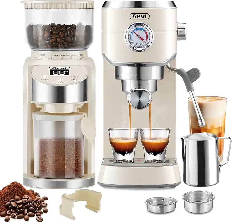Gevi Máquina de café expresso de 20 barras com conjunto de moedor de rebarbas | 35 configurações precisas de moagem | Espumador de leite para cappuccino latte | Kit de barista doméstico profissional |