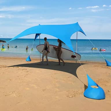 Barraca de Praia Familiar, Abrigo Solar para Camping de 210x150 cm, Barraca à Prova de Vento com Guarda-Sol, Cobertura de Praia Externa com 2 Varas de Estabilidade para Viagem(Azul)