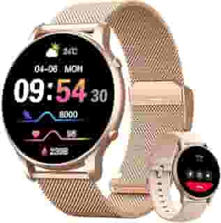 Smartwatch Feminino 1.32' Full Touch, IP68 à Prova d'Água, Ligações Bluetooth, 100+ Modos Esportivos, Notificações Inteligentes, Assistente de Voz, Compatível com iOS/Android, Inclui 2 Pulseiras, Ouro