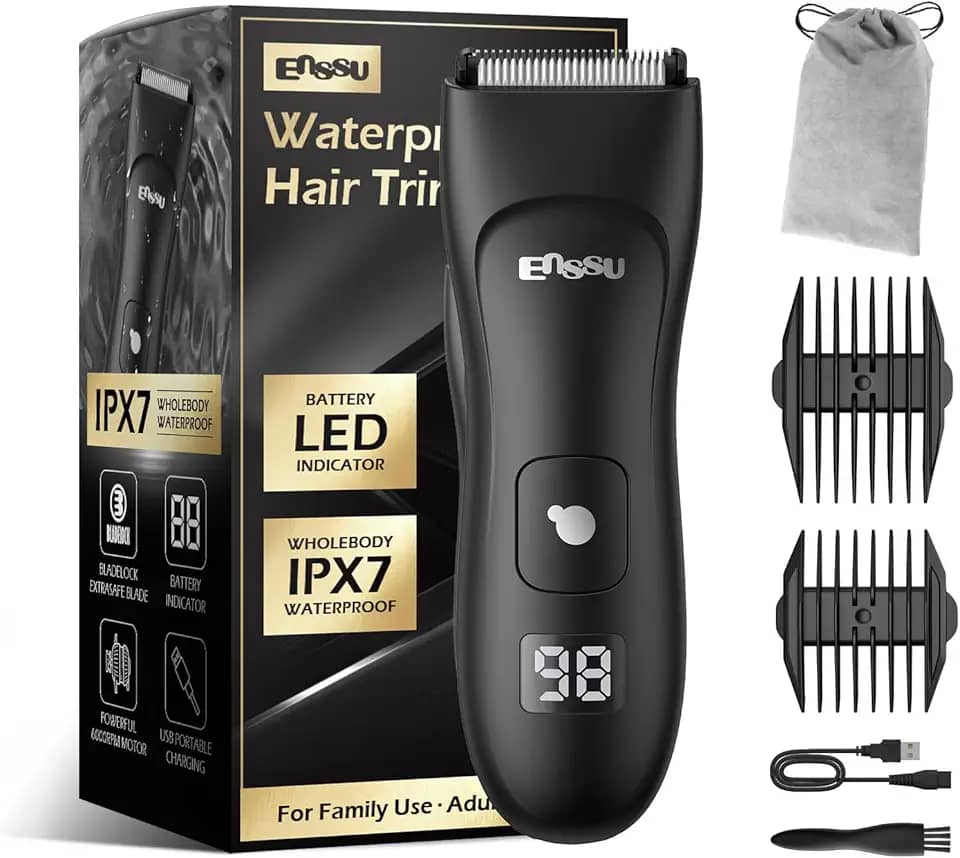 ENSSU - Aparador Elétrico para Homens, com Lâmina de Cerâmica, À Prova d'Água, Recarregável (Lítio), Preto, para Barba, Peito, Virilha e Púbicos