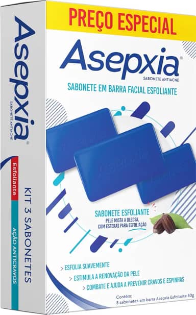 Kit Asepxia Sabonete Em Barra Facial Esfoliante Antiacne Para Pele Oleosa, Limpeza Profunda Com Microesferas Naturais, Remove Cravos E Controla A Oleosidade, 80g, 3-Pack