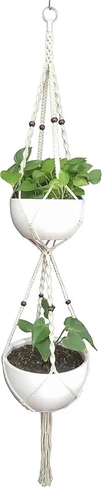 Cabide e suporte para plantas de macramê, vaso de pendurar com 4 pernas, deck duplo para 20 a 25 cm, duas panelas para ambientes internos e externos, pendurar, corda de cânhamo, 170 cm com anel de metal (algodão)