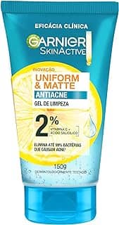Garnier Uniform & Matte, Gel de Limpeza Facial com Ácido Salicílico e Vitamina C, Combate Cravos e Espinhas, Reduz a oleosidade e Controle da Pele Acneica, 150g