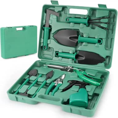 Meantem Kit de Ferramentas de Jardinagem 10 Peças, Kit Jardinagem com Maleta, Pás, Tesoura, Foice, Aço Inoxidável, Verde