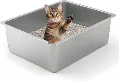 Kirecoo Caixa de Areia para Gatos de Aço Inoxidável - Prata, Grande, 45 cm L x 35 W 15 H, para Gatos, Coelhos, Furões, Cobras e Outros Animais de Estimação