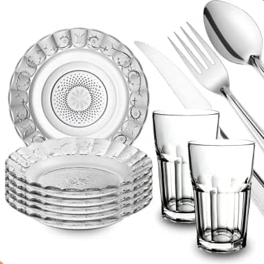 Kit Jantar 30 Peças – 6 Pratos Fundos Estrela, 6 Copos Vidro Sydney 350ml, 18 Talheres Aço Inox – Elegância, Qualidade e Sofisticação para Sua Mesa