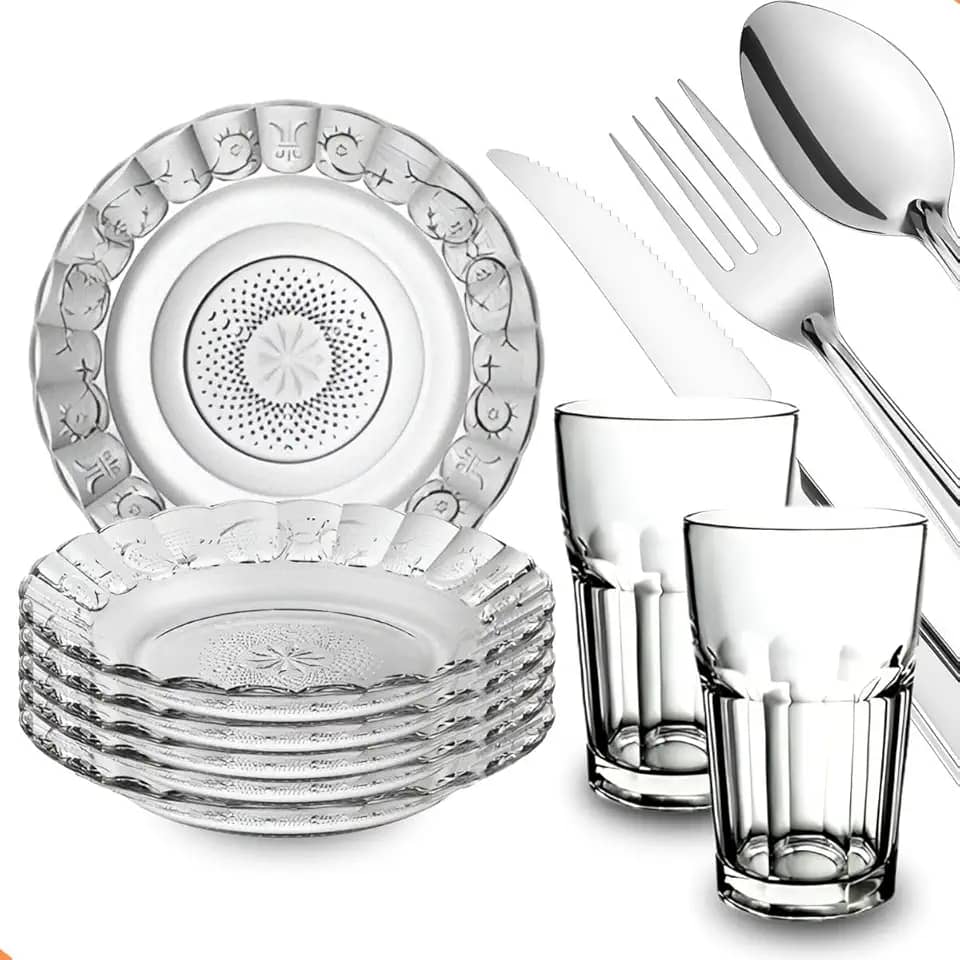 Kit Jantar 30 Peças – 6 Pratos Fundos Estrela, 6 Copos Vidro Sydney 350ml, 18 Talheres Aço Inox – Elegância, Qualidade e Sofisticação para Sua Mesa