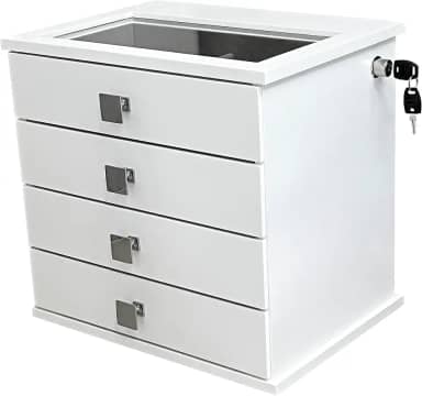 Reluz Art Gaveteiro Porta Joias Belle Forrado com 4 Gavetas, Visor e Tranca Lateral com Chave (Joias, Branco/Cinza)
