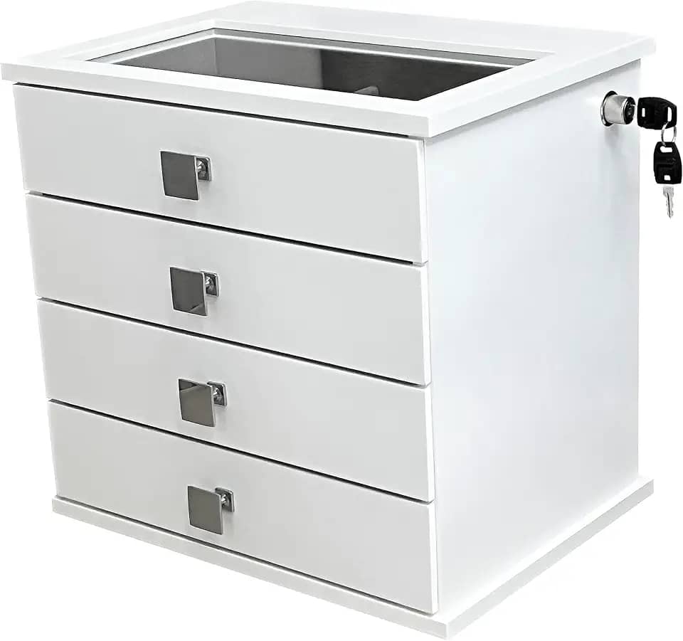 Reluz Art Gaveteiro Porta Joias Belle Forrado com 4 Gavetas, Visor e Tranca Lateral com Chave (Joias, Branco/Cinza)