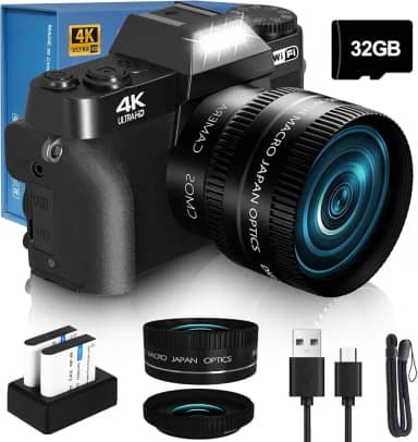 Câmera digital VJIANGER 2024 para fotografia, vlog e YouTube com WiFi, tela giratória de 180°, zoom digital de 16x, lente de 52 mm, 2 baterias, cartão Micro SD de 32 GB (preto)