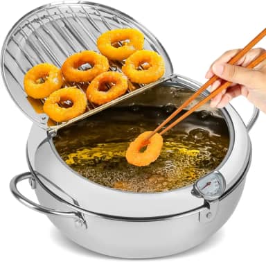 Panela de Fritadeira, Panela Tempura Fritadeira Profunda, Aço Inoxidável Fundo Plano Fogão Estilo Japonês, Frigideira Tempura Japonesa com Termômetro