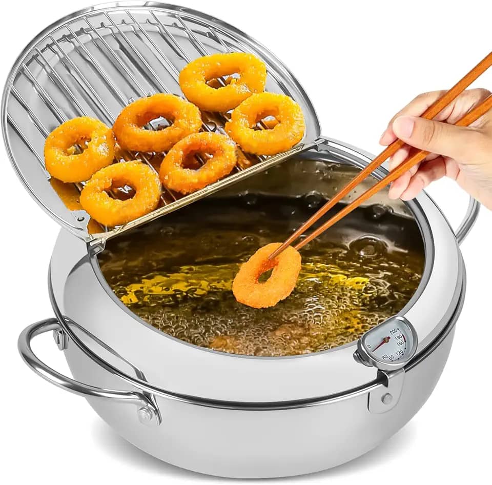 Panela de Fritadeira, Panela Tempura Fritadeira Profunda, Aço Inoxidável Fundo Plano Fogão Estilo Japonês, Frigideira Tempura Japonesa com Termômetro