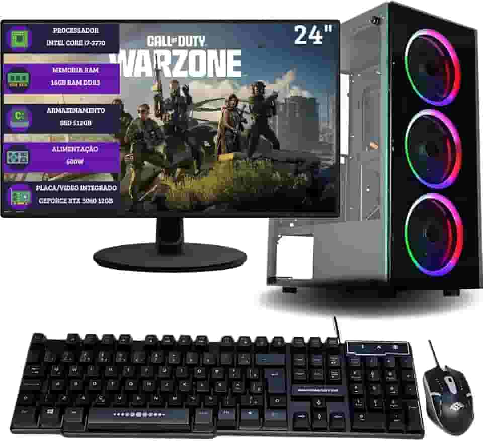 PC Gamer DreamComputers Completo Intel Core i7, 16GB RAM, Geforce RTX 3060 12GB, SSD 512GB com Kit Gamer e Monitor 24' Full HD